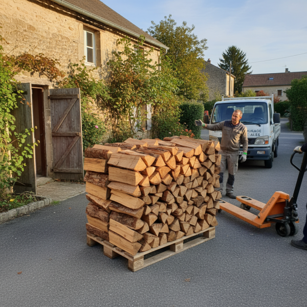 Annonce de vente de bois sur palette à Nîmes vers Montpellier bûches chêne charme pour insert moderne et cheminée